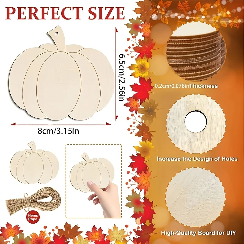 40pcs Blank wooden pumpkin ornament Halloween Thanksgiving DIY wooden piece handmade decoration pendant with hanging rope