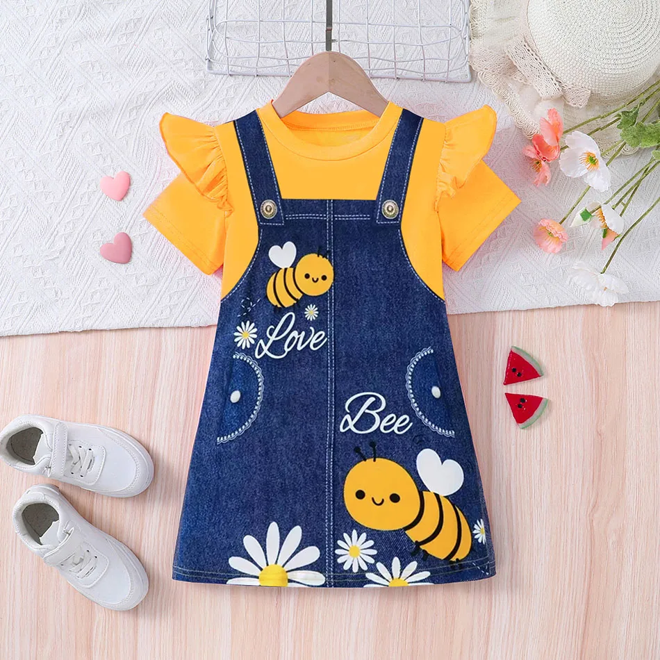 Cute and Comfortable Kids Love Bee Cartoon Print T Shirt Dress Children Round Neck Ruffles Casual Clothes Girls School Dress