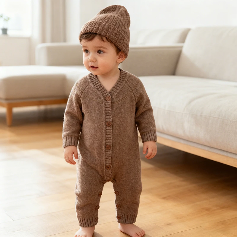 

New Spring Winter Infant Baby Boy Girl Knitted Jumpsuit Long Sleeved Solid Knitted Romper 0-24M Baby Knitted V Collar Clothing