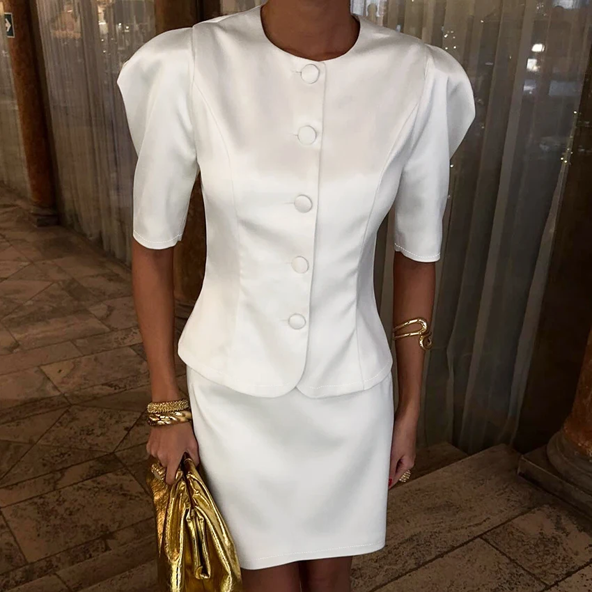 

Linad Office Lady Satin White Mini Skirts Outfits 2026 Elegant Puff Sleeve O Neck Blouse And High Waist A Line Skirt 2 Piece Set