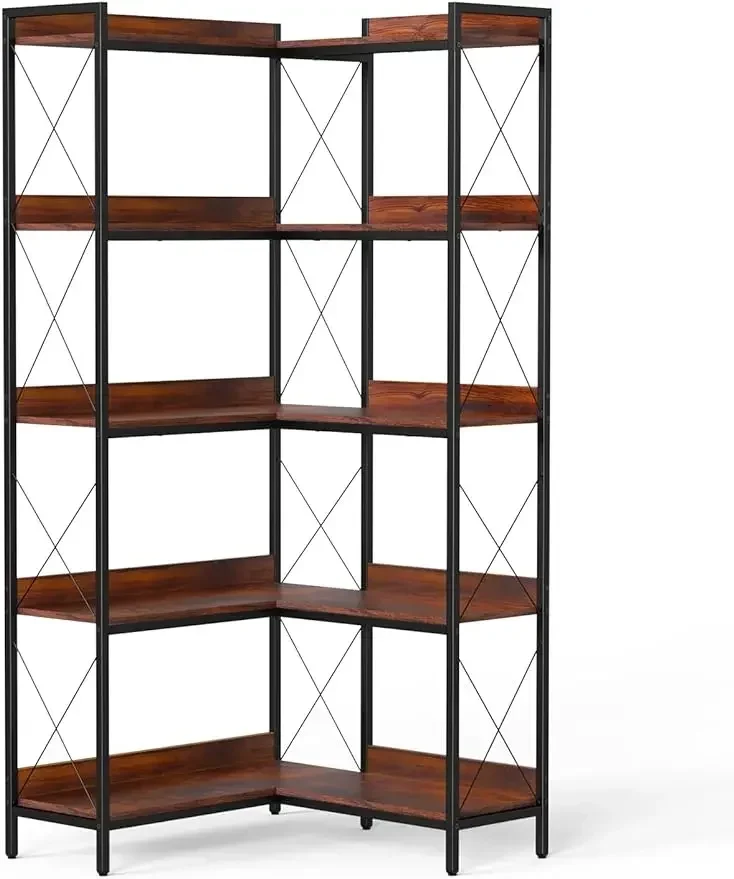 

5 Tiers Corner Bookshelf Bookcase, Industrial Bookshelf with Baffles Shelf Storage Rack with Metal Frame forHome Office, Brown