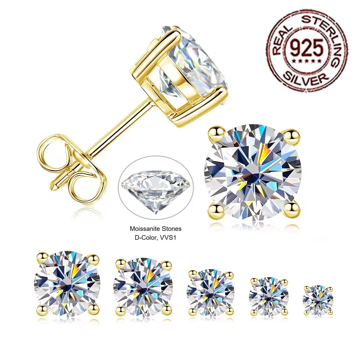 CWWZircons Vergoldete 925 Sterling Silber D-Farbe VVS1 Runde Moissanit Ohrstecker 3-8MM Hypoallergener Schmuck Party ME011 – Detail 8