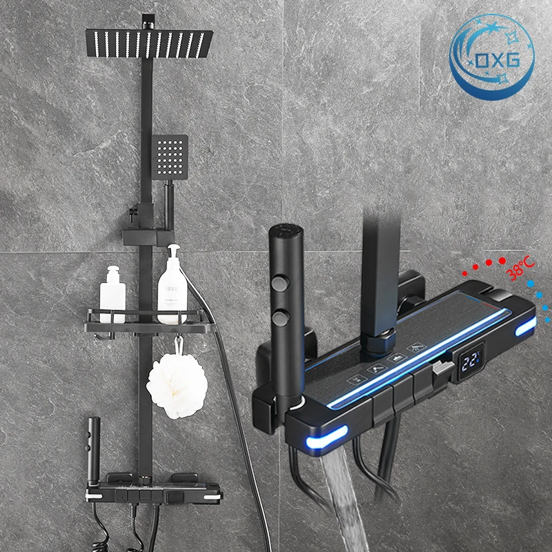 Grifo de ducha OXG, juego de grifo de ducha de baño termostático de latón, sistema de ducha, columna de ducha de lluvia, boquilla de cascada con pantalla Digital