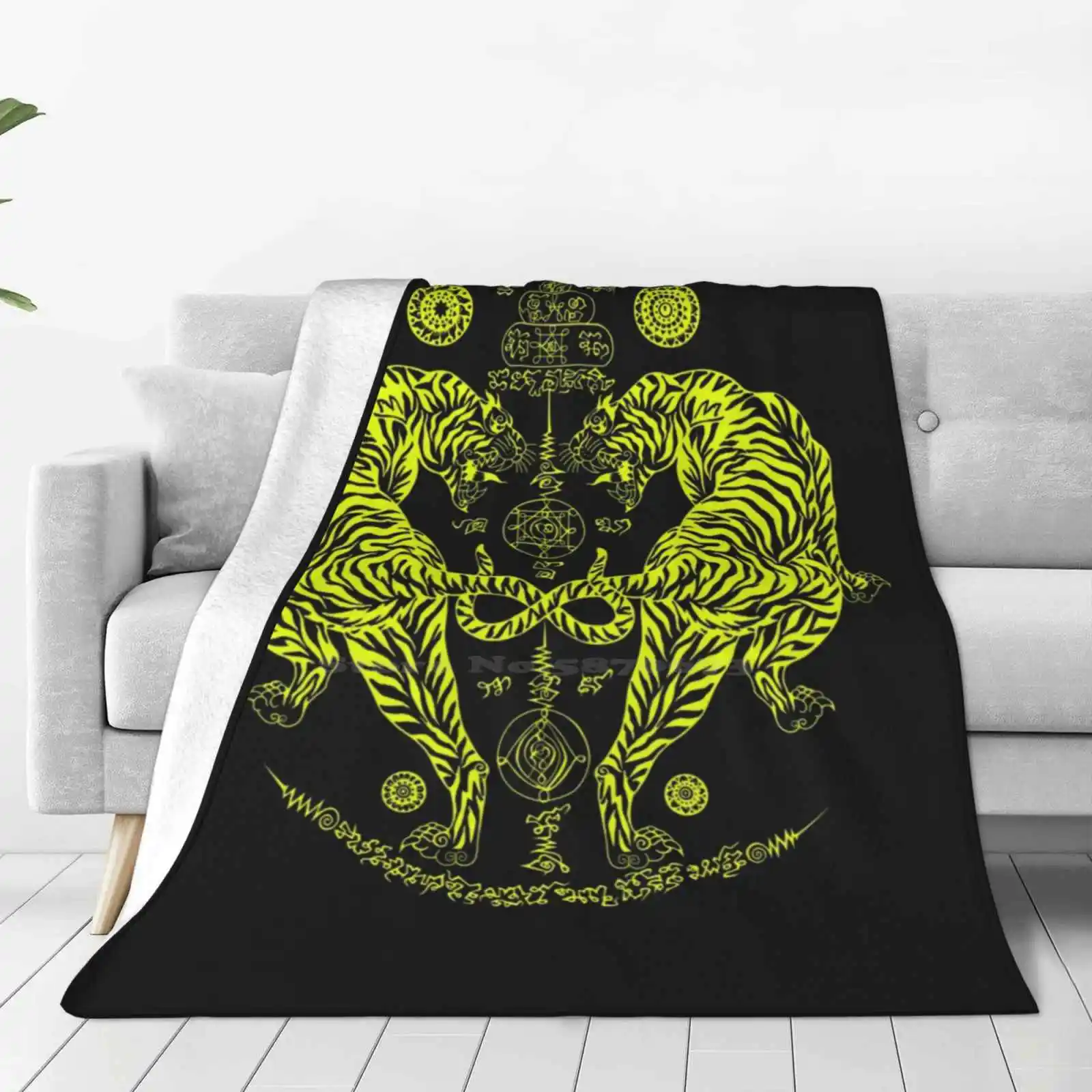 Thai Traditional Art Of Talisman Twin Tigers-Yellow Design Fashion Soft Warm Throw Blanket Muaythai Muay Thai Abugida Thailand