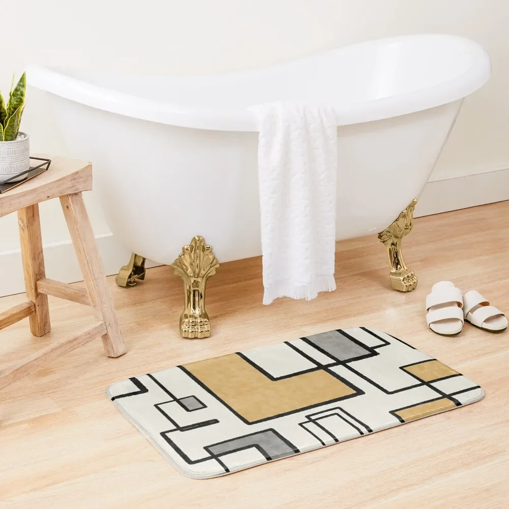 

Piet Composition - Mid-Century Modern Minimalist Geometric Abstract in Muted Mustard Gold, Gray, and Cream Bath Mat