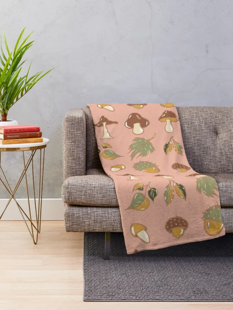 autumn, leaf fall, different types of mushrooms, leaves, chestnut set, food, icon, illustration, summer, collectio Throw Blanket