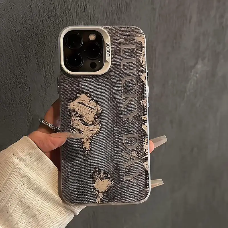 Ripped denim iPhone13 phone case iPhone15 Laser iPhone14 Fall resistant iPhone11 Creative iPhone12promax tide