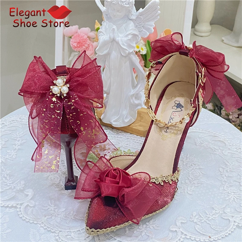 

Wine Red Rose High Heels for Women Lolita Lace Bow Ankle Chain Pointed Toe Thin Heel Pumps Gorgeous Fairy Wedding Bridal Shoes