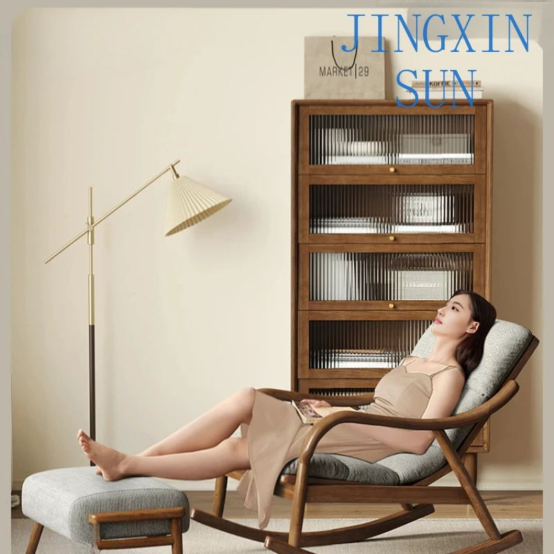 Nordic solid wood fabric sofa, rocking chair, designer leisure chair, human chair casual lazy, happy chair recliner