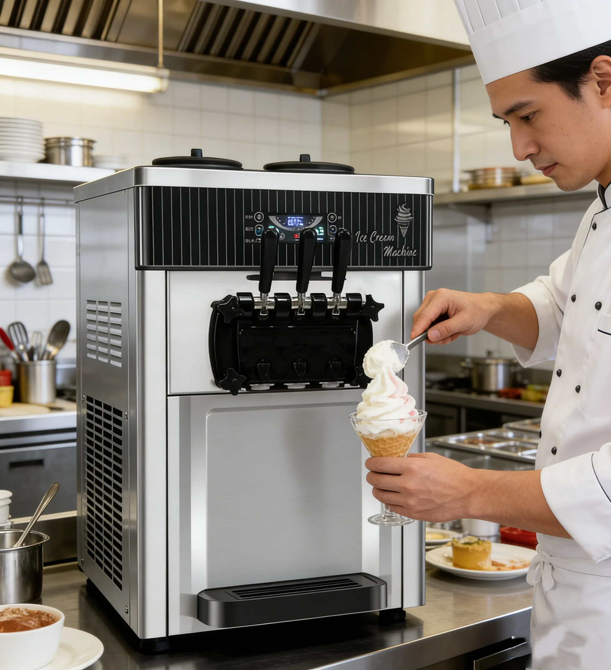 Máquina de helados comercial automática de sobremesa de 20-22L/h y 3 sabores para hacer yogur y helado suave para negocios - Precio