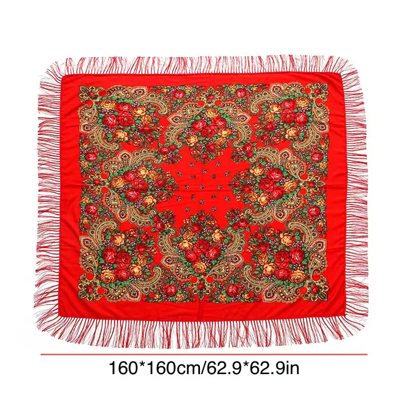 160*160cm Women Russian Square Scarf for Woman Shawl Tassel Floral Print Headscarf Wraps Babushka Bandana Beach Travel Blanket