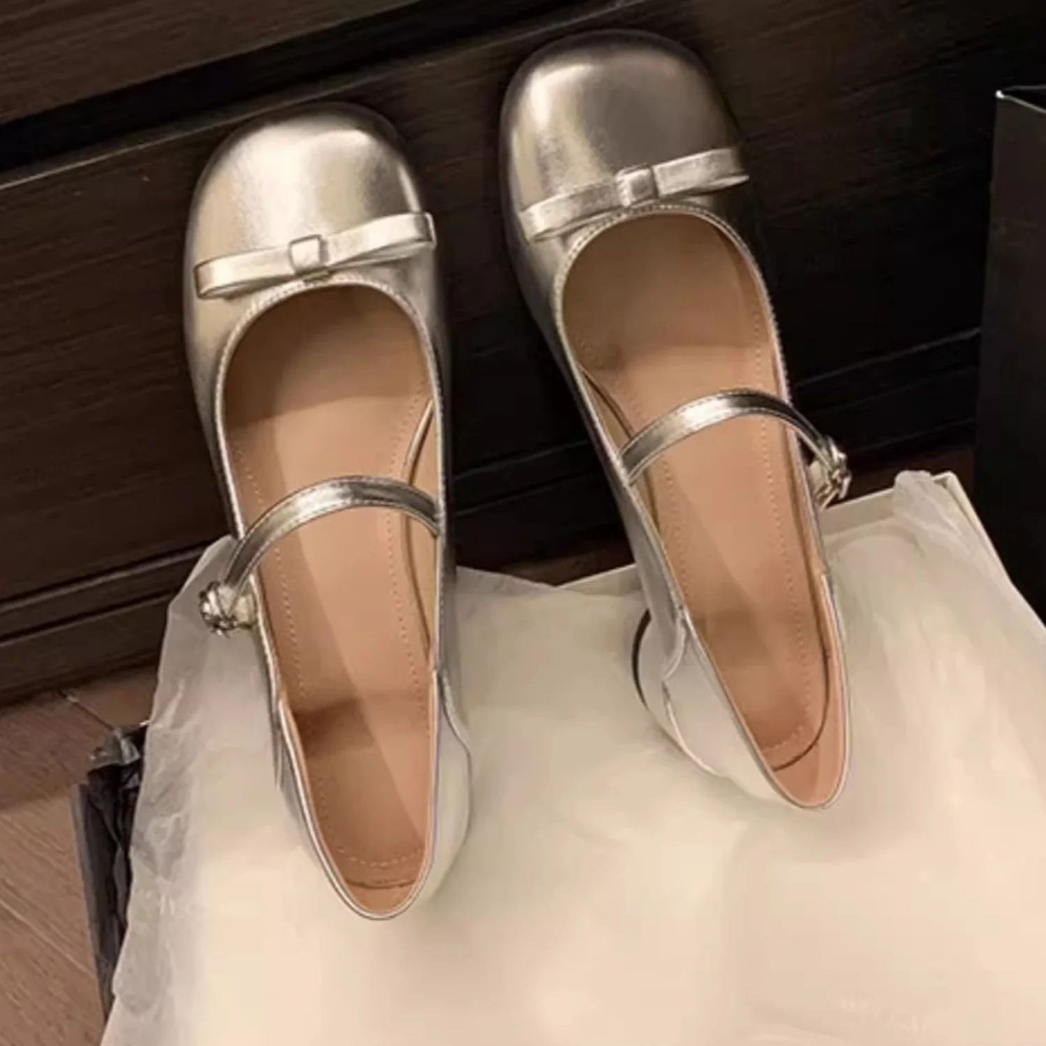 

2025 Spring New Silver Women's Mary Jane Shoes Square Toe Chunky Heel Thin Sole Buckle Bow Decorated Ladies Single Shoes