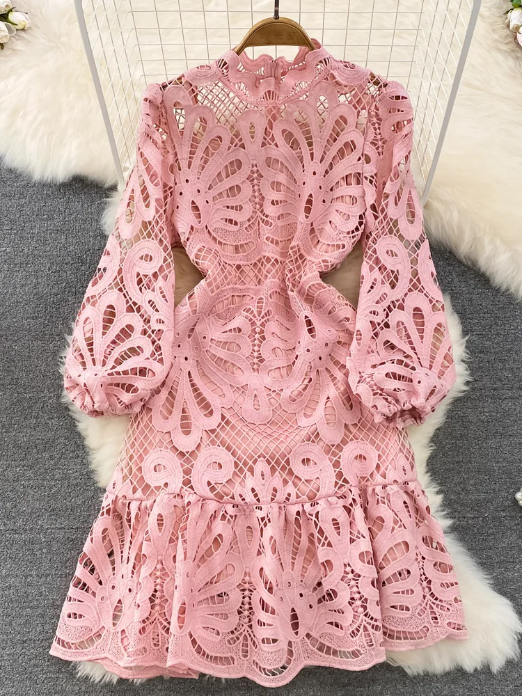 

Spring Cross-Border Water-Soluble Lace High-Waisted Lantern Sve A-Line Dr Women's Ele Gown Polyester Fiber Long Sle...