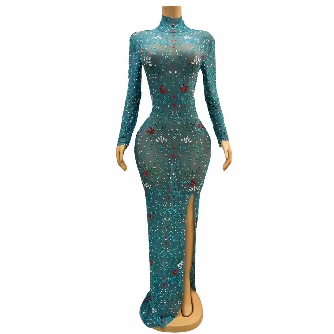 

Sexy Stage luxurious Blue Green RecRhinestones Dress Evening Birthday Celebrate Costume Lona Sleeves Photo Shoot Dress