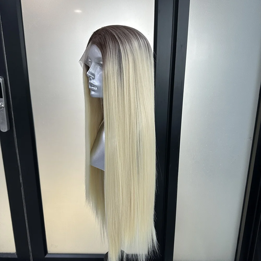 28 Inch Straight Ombre Honey Blonde Colored 13x4 Synthetic Transparent Lace Front  Drag Queen Cosplay Wigs For Black Women