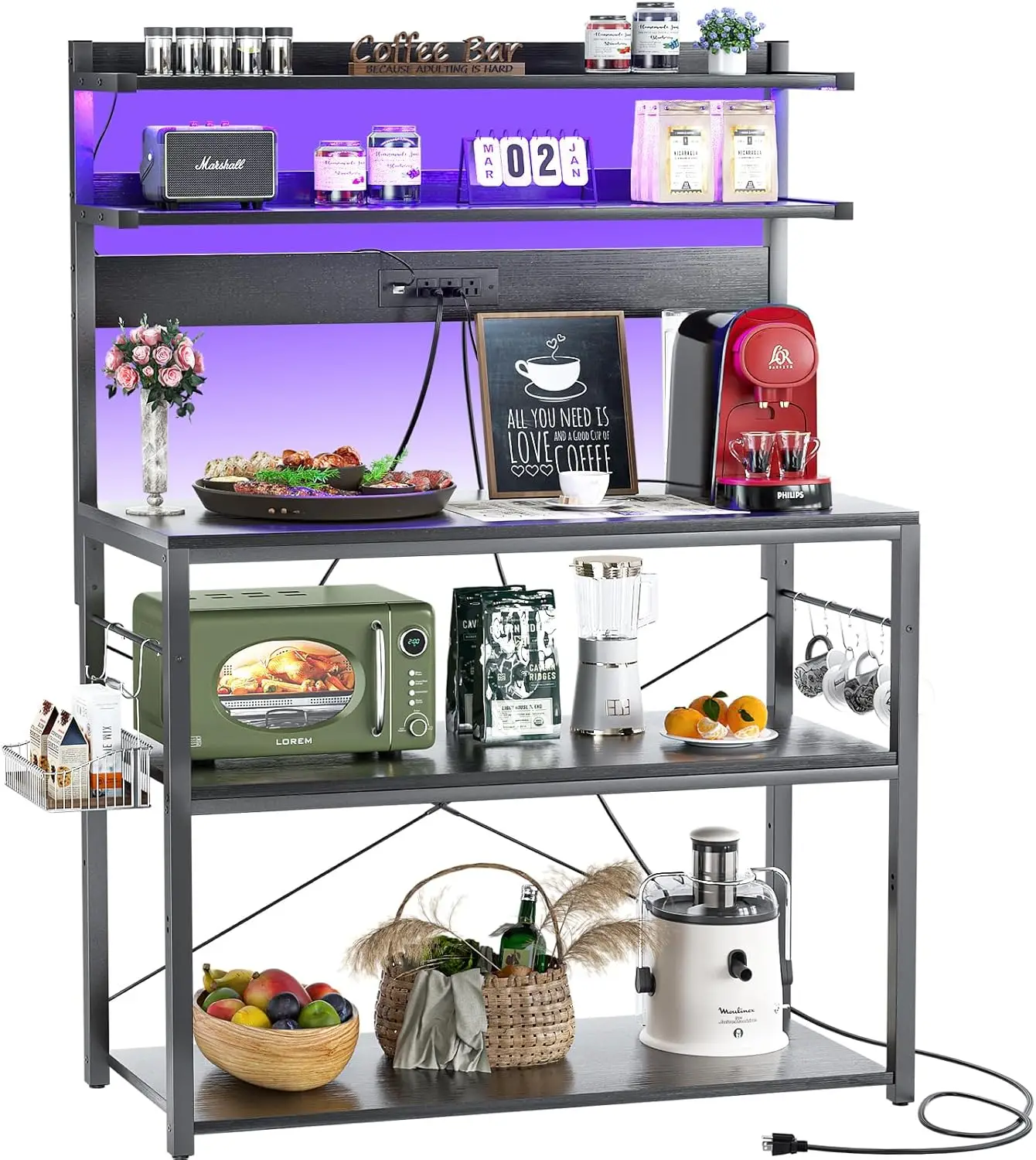 5-Tier Kitchen Rack with Power Outlet, LED Lights, Microwave Stand & S-Hooks - Black Coffee Bar Station for Storage