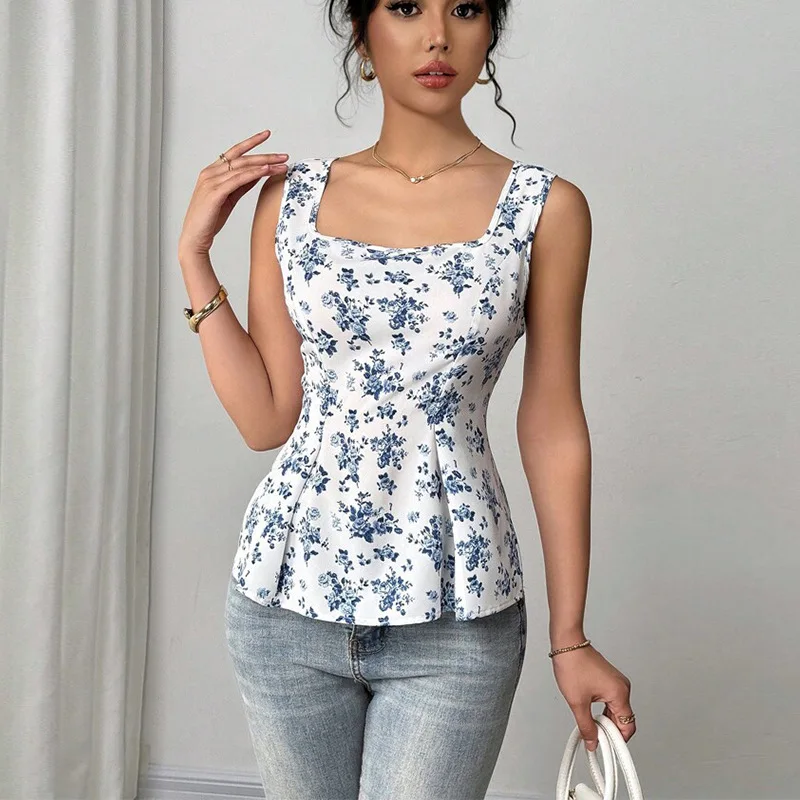 

Summer Vaion Floral Print Vest Strap Top Knot Design Ultra-Thin Knitted Women's Tube Top from China