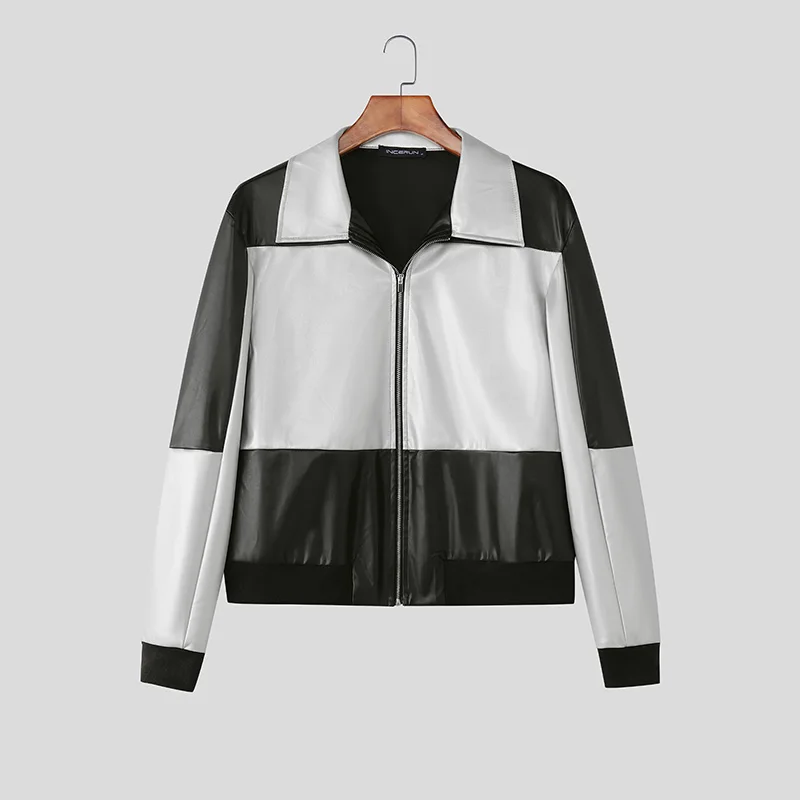 

INCERUN мужские куртки в стиле пэчворк из искусственной кожи с лацканами и длинными рукавами на молнии мужские пальто уличная одежда в стиле панк модные повседневные куртки мужские