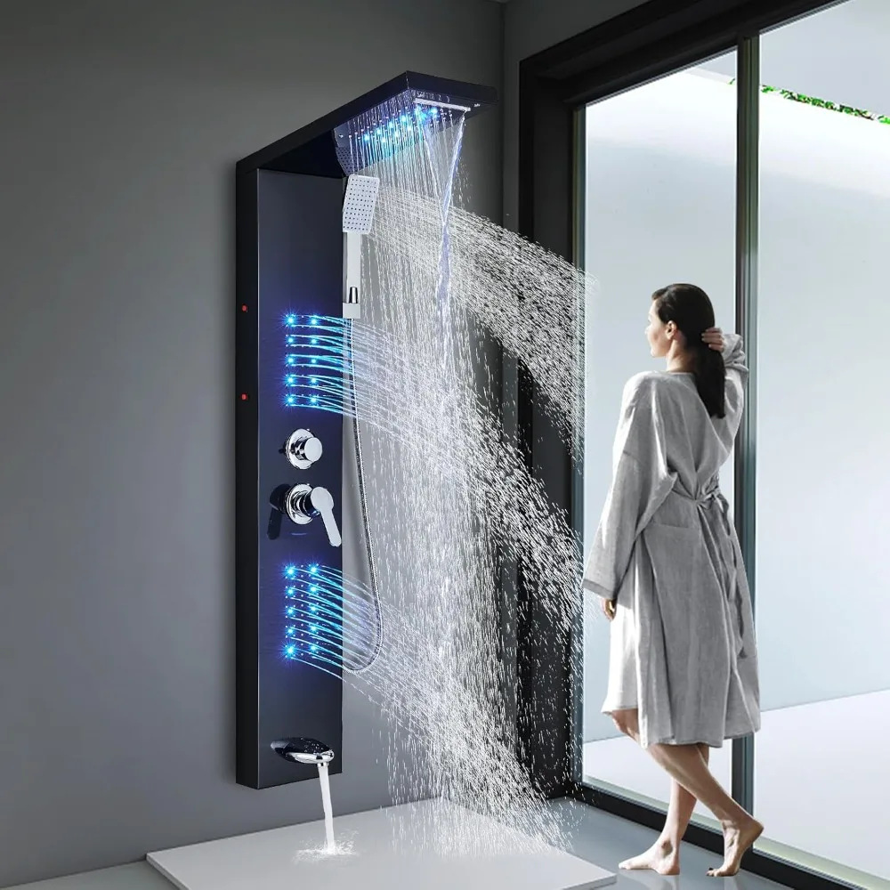 Black  Panel with LED Rainfall Waterfall Shower Head Contemporary Shower Faucet Full Body Shower System