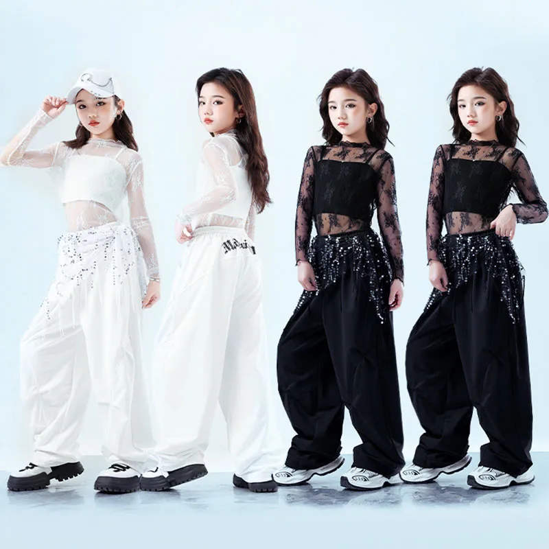 

Kid Hip Hop Clothing White Black Mesh Print Transparent T Shirt Casual Sweat Parachute Pants for Girl Jazz Dance Costume Clothes