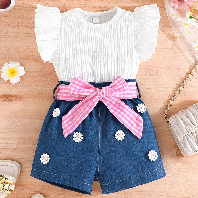 

Summer Toddler Girl Outfits Set Korean Fashion Sleeveless White Tops+Cute Flowers Bow Denim Shorts Baby Boutique Clothing BC006