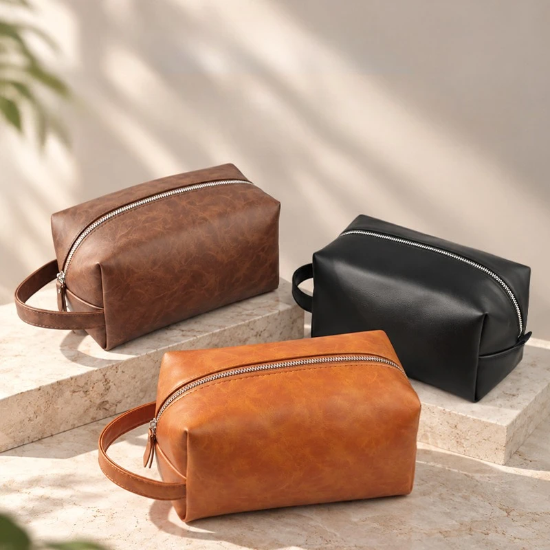 Crazy Horse Leather Cosmetic Bag Women's Retro Large Capacity High Value Going Out Wash Bag PU Leather Storage Makeup Case