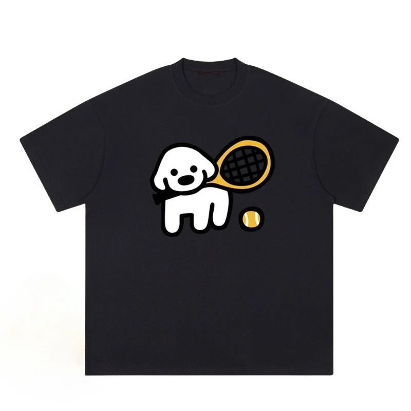 

Cartoon Tennis Puppy Printed Short Sleeve T-Shirt Men's and Women's American Trend Loose Casual Versatile Couple Crew Neck Top
