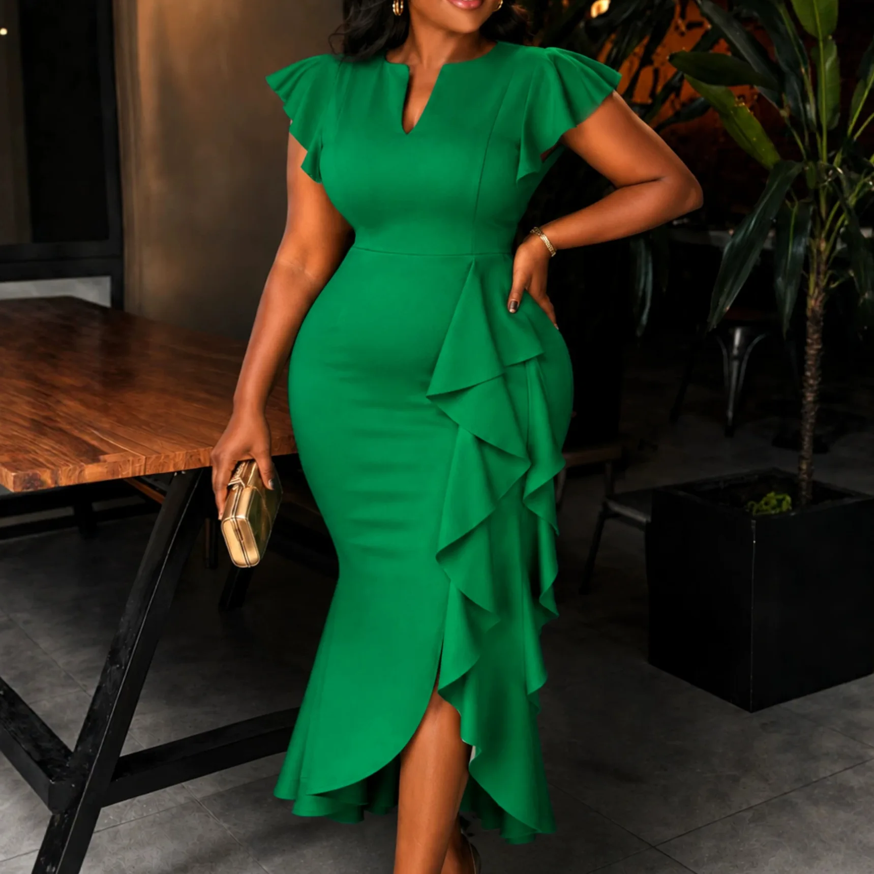 African Women Dresses Colorblock Mermaid Square Neck Sleeve Draped Tierred Ruffles Office Business Wedding Guest Party Outfit