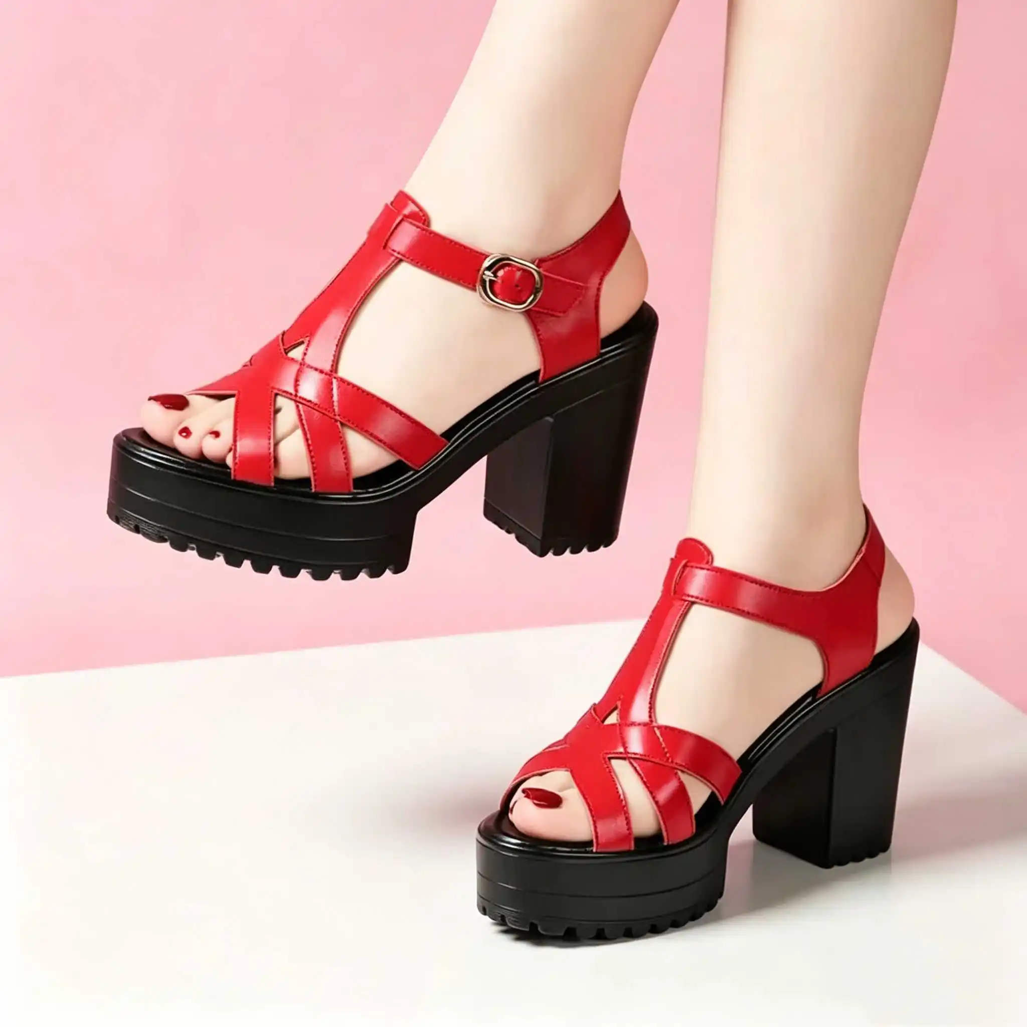 6 8 10cm Small Size 32-43 Elegant Genuine Leather Platform Shoes 2026 Summer Women's Block High Heels Gladiator Sandals Office