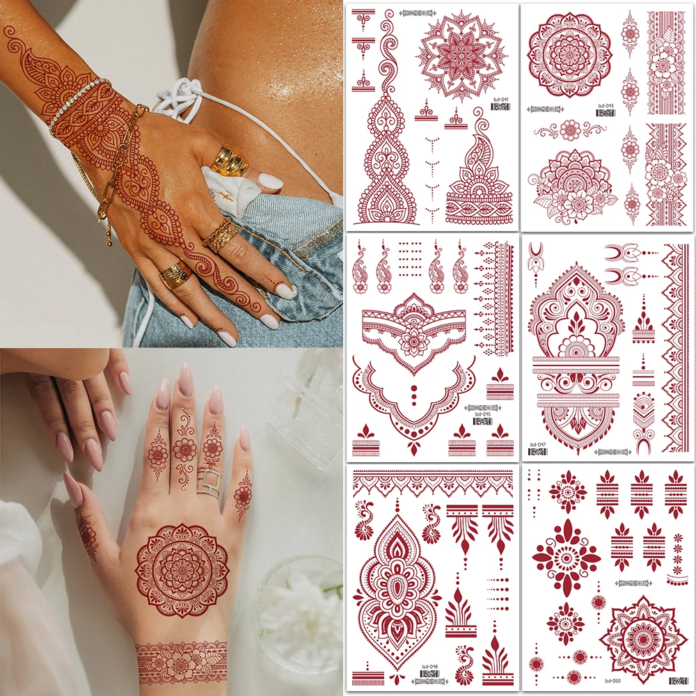 

6 листов Индийский дизайн Менди, коричневые, красные, бордовые татуировки, переносные воды, поддельные татуировки хной для женщин, татуировки на всю руку