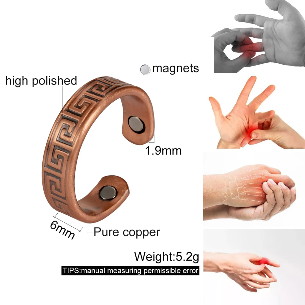 Pure Copper Ring Magnetic Adjustable Open Cuff 6MM Metal Vintage Lucky Fret Finger Jewelry for Men Women High Magnet Resizable