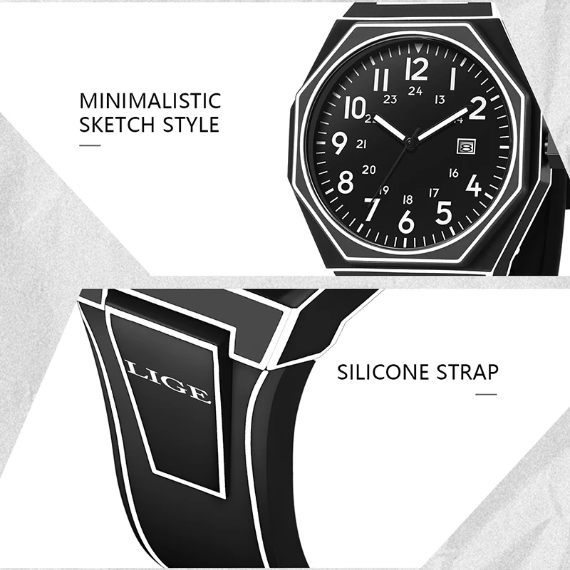 LIGE موضة الساعات الإبداعية للرجال عادية رياضية رجالية كوارتز ساعة اليد سيليكون مقاوم للماء تاريخ كرونوغراف Relogio Masculino