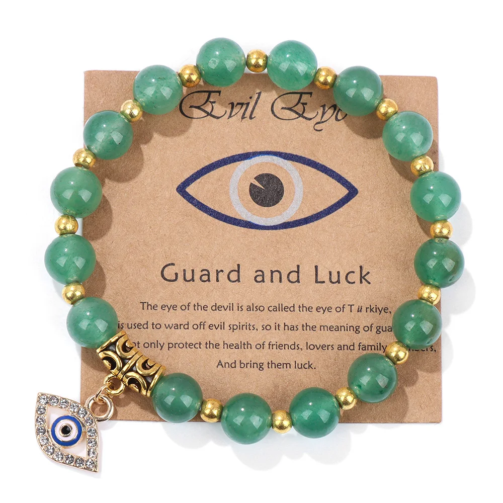 Green Aventurine Stone Card Bracelet Turkish Evil Eye Pendant Bracelets For Women Men Luck Protection Pray Meditation Jewelry