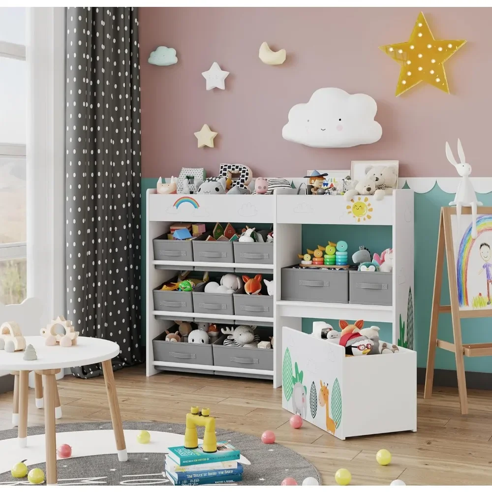 Toy Storage Organizer, Toy Bookshelf with 10 Fabric Bins and Movable Chest, Storage Cabinet for Playroom, School Bookcases