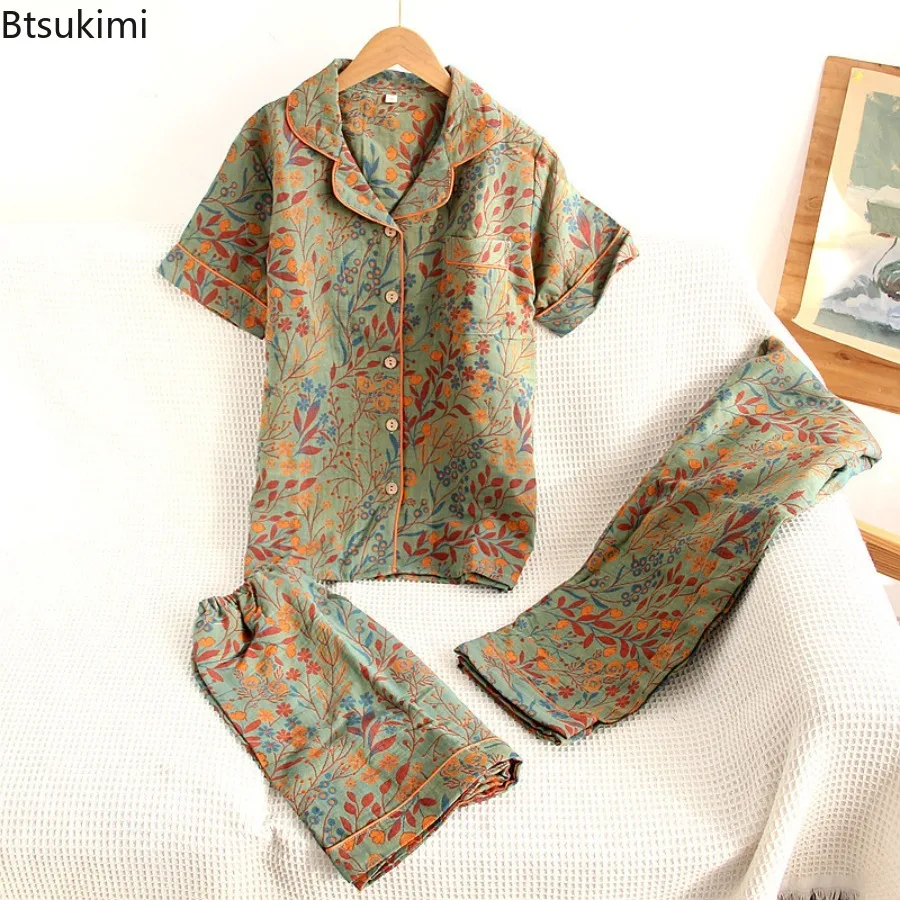 Summer Women's Three Piece Pajamas Set Jacquard Cotton Yarn Woven Floral Printed Cardigan Short Sleeved Shorts Long Pants Suit