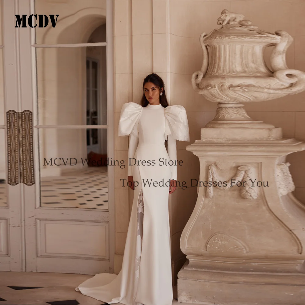 

MCDV Modest Wedding Dress With Sleeves Mermaid Bride Gowns 2026 High Neck Applique Side Split Satin Sweep Train Customized