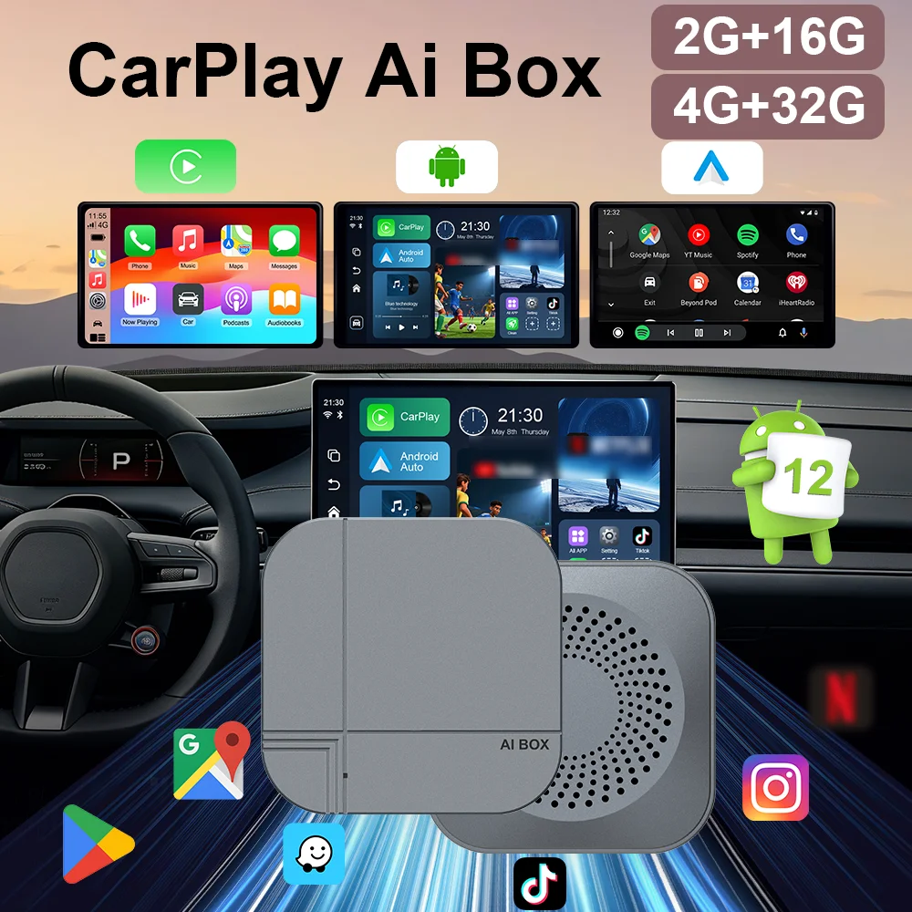 

2026 Android 12 4+32G 3 in 1 CarPlay Smart Ai Box Plug & Play Car Adapter Wireless Android Auto Car Tv Box For YouTube Netflix