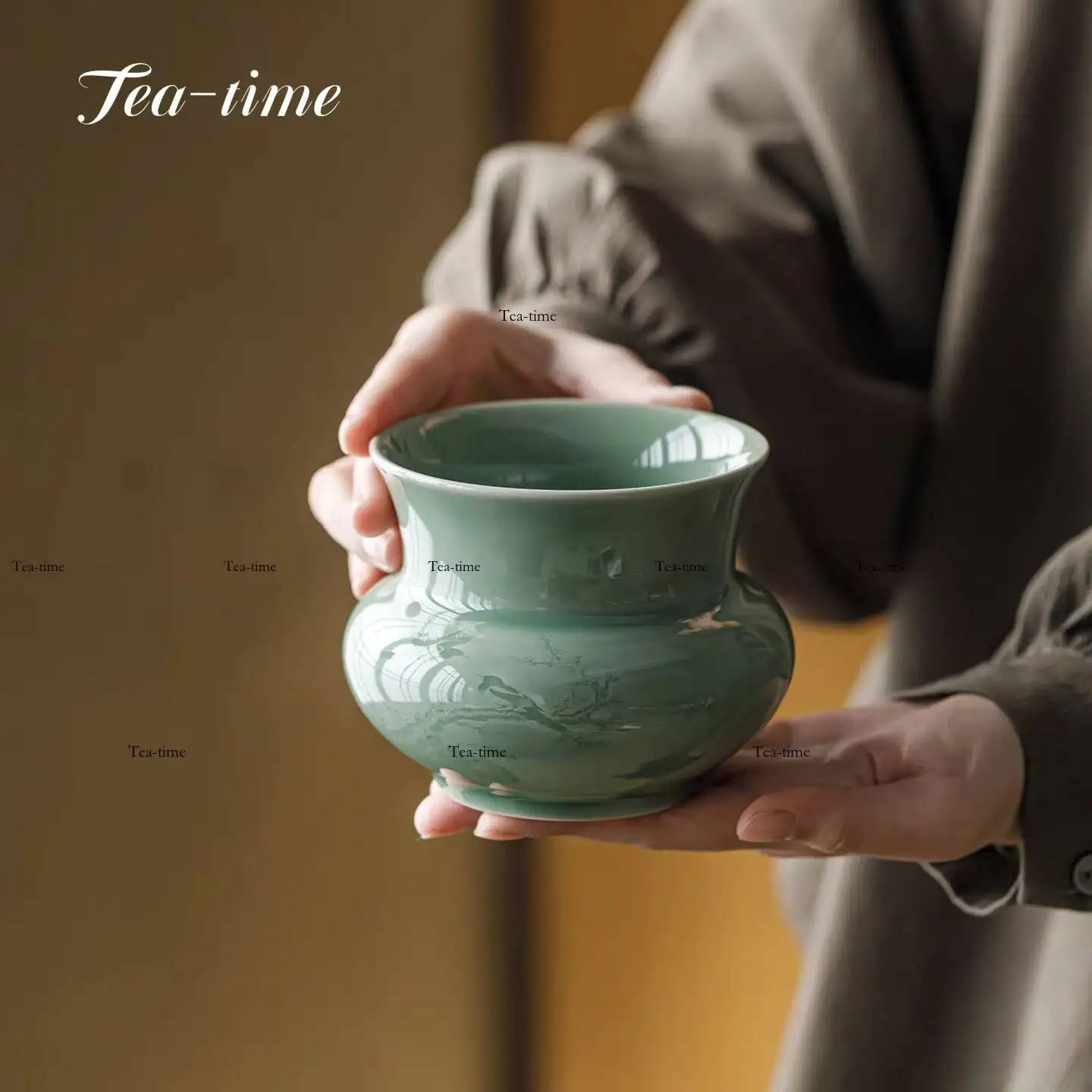 Yue Kiln Celadon Tea Wash Bowl Jianshui Shadow-Carved Ceramic Table Residue Jar Water Bowl Washing Vintage Porcelain Japanese