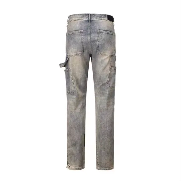 European & American High Street Instagram | Washed Vibe Loose Fit Patchwork Yellow-Distressed Zip-Up Carpenter Cargo Denim Pants