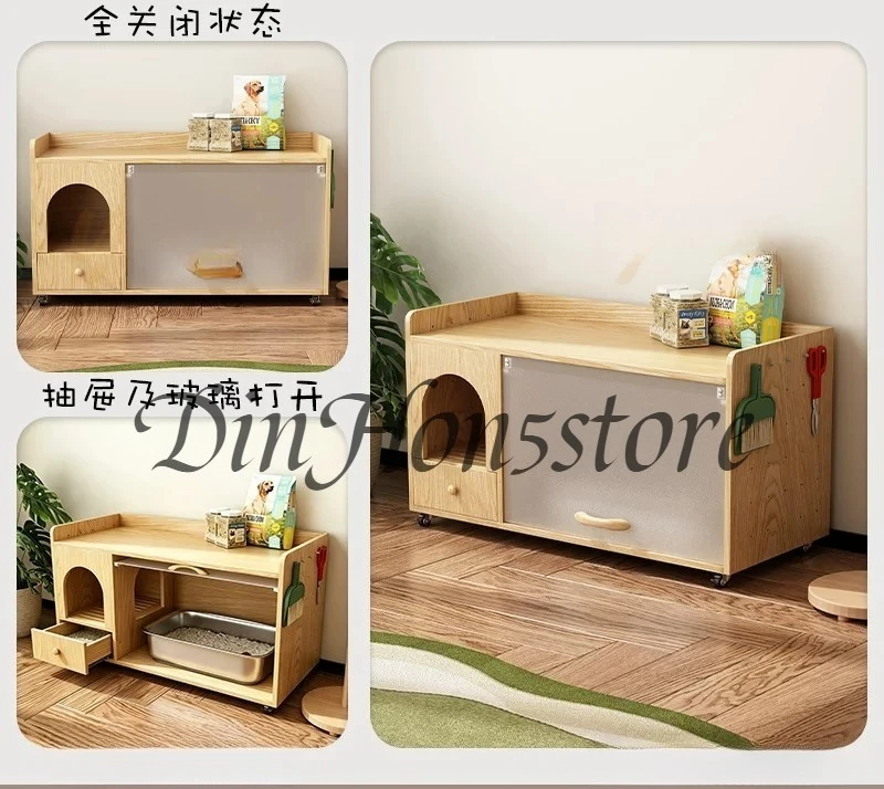 Integrated cabinet cat litter box with corridor removable closed cat toilet cabinet anti-sand oversized storage