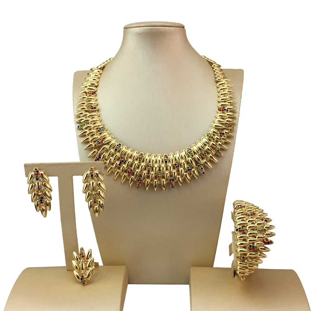 New Fashion Woman Dubai Fine Jewelry Set Gold-color African Necklace Bracelet Ring Earrings Set FHK18718