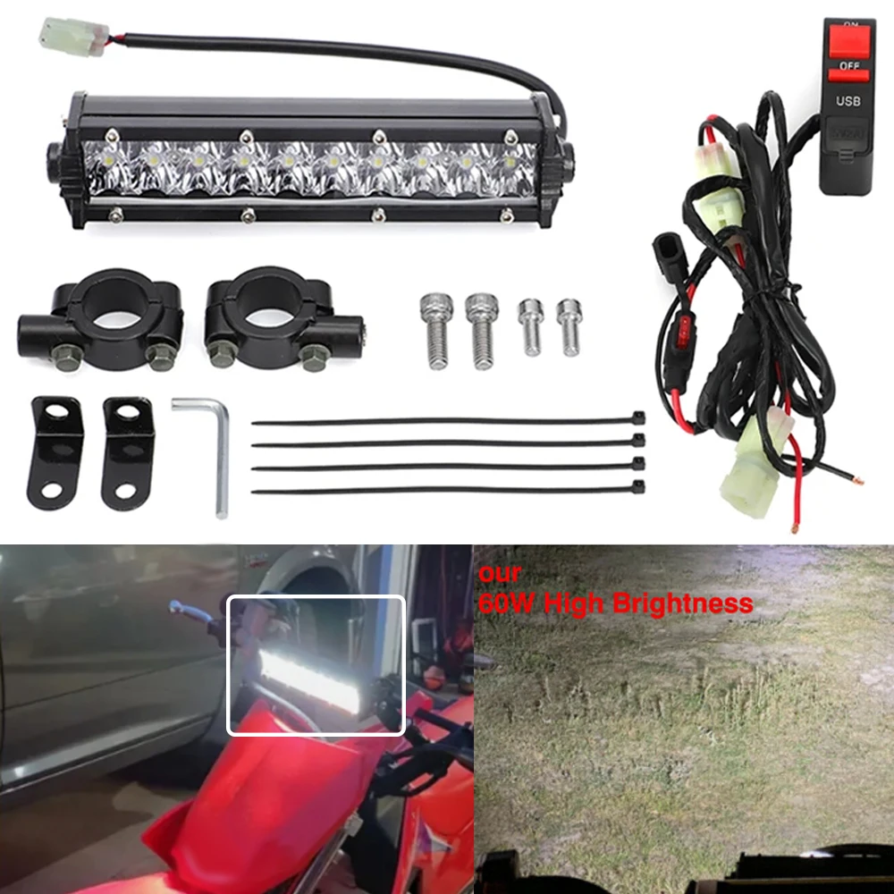 For Honda CRF230F CRF110F Kawasaki KLX110 Yamaha TTR110E Plug-n-Play Bright Motorcycle Headlight LED Bar With USB Port Switch