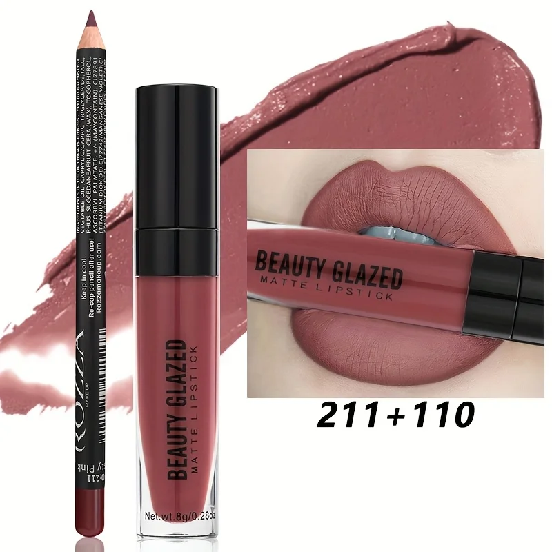 2 pz/set Lip Gloss & Lip Liner Set Kit labbra opaco a lunga durata impermeabile Rossetto liquido nudo naturale con Lip Liner Combo