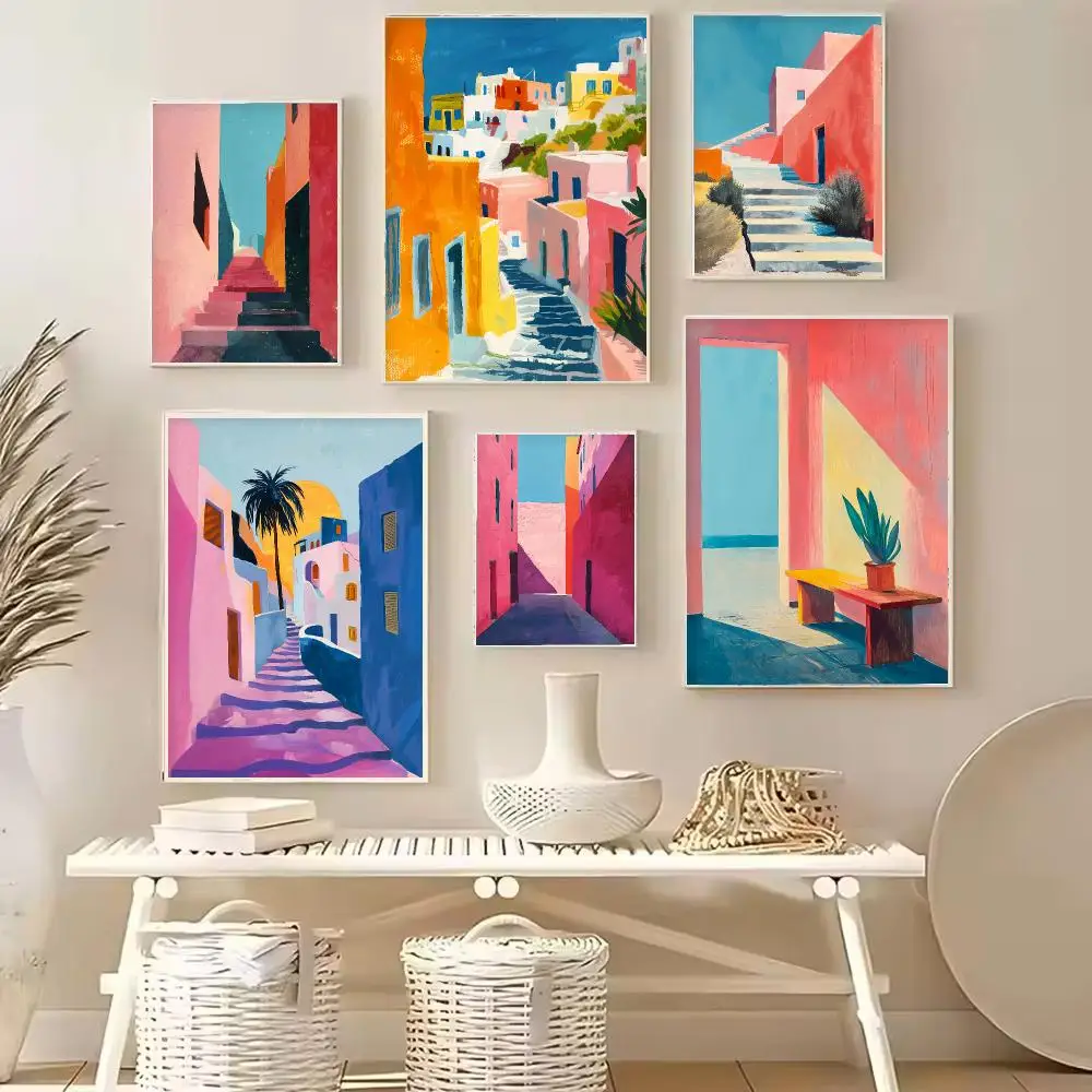 Pink Abstract Aesthetic Greece Architecture Canvas Poster Mid Century Wall Art Print for Living Room Modern Home Decor