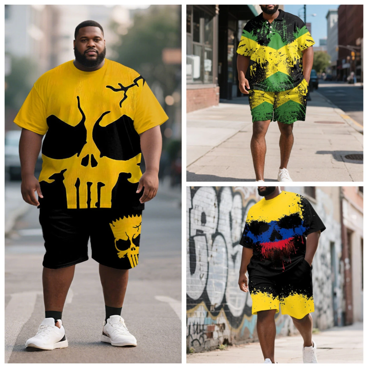 

Big Men Skull Splash Eagle Flag Gradient Paint Print Tee & Shorts 2Pcs Street Casual Outfit