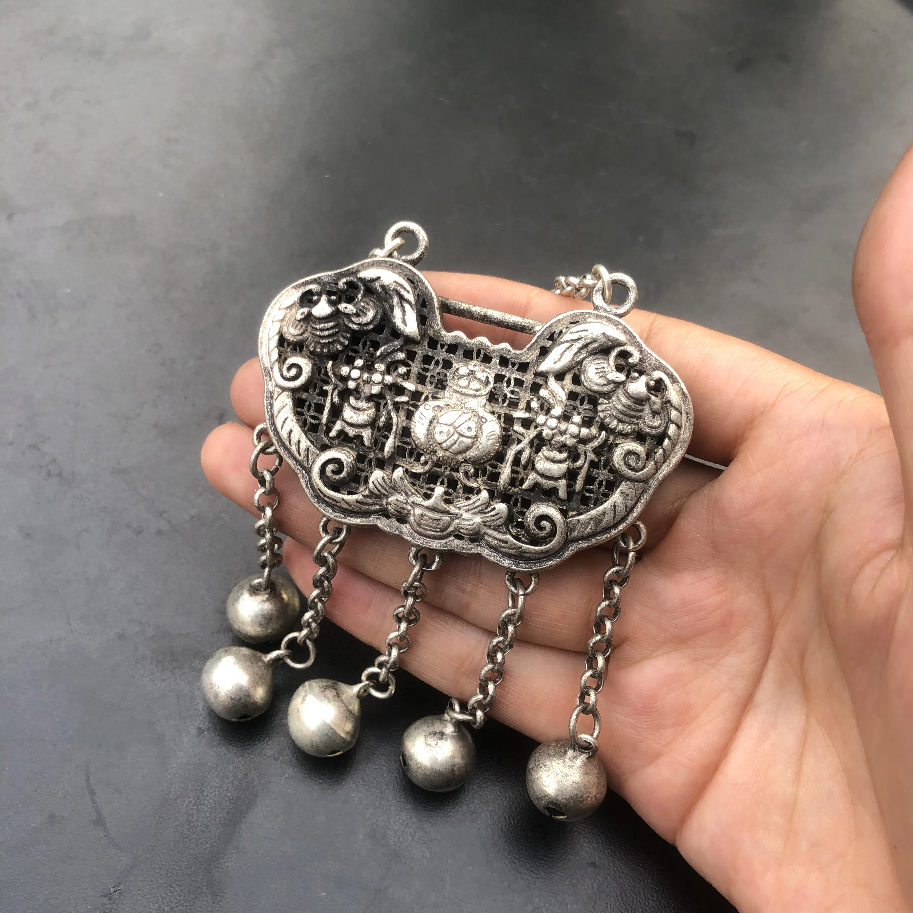 Vintage Chinese Lock Pendant Antique Silver‑Tone Hollow Carved Longevity Lock With Bells Tassel DIY Necklace Jewelry Making Char