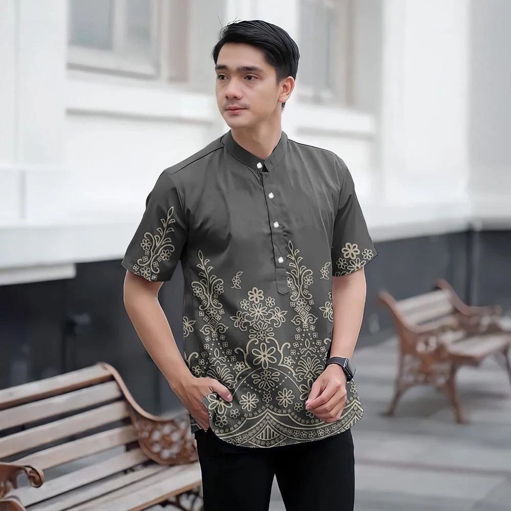 Camicia batik Slim Fit Modello stampato in 3D Colletto alla coreana Camicia formale da uomo a maniche corte Camicia superiore adatta per la festa del Ramadan Tema Raya
