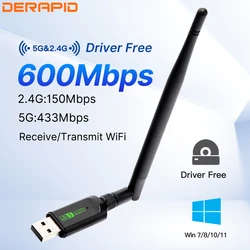 WiFi Adapter AC650 USB Network Card Dual Band Wi-Fi Dongle High Gain Antennas WiFi Receiver For PC Laptop Driver Free