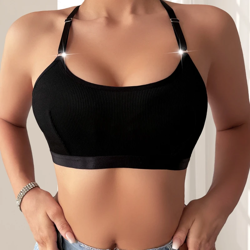

New Style Ribbed Women Camisole String Pearls Decor Backless Underwear Sexy Lingerie Comfortable Wire-Free No Pad Lady Bras