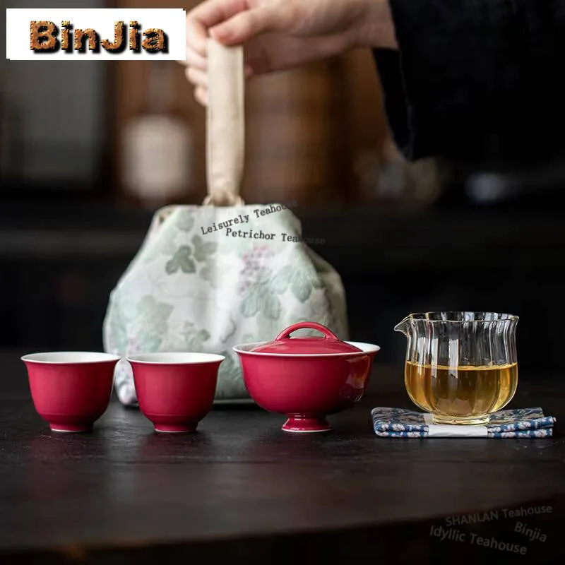 

Японский кармин красный портативный дорожный чайный набор в античном стиле 1 чайник 3 чашки чайница виноград уличная Сумочка принадлежности для украшения подарки